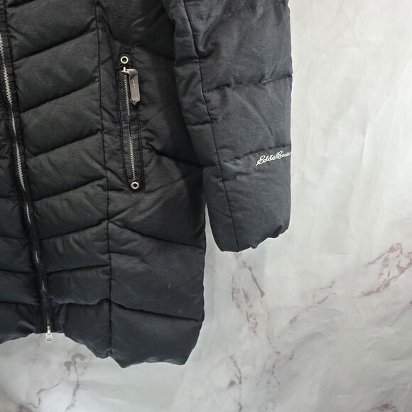 Eddie Bauer Down Puffer Jacket Womens Small Black Parka Coat Long Fleece Lined - Picture 4 of 10